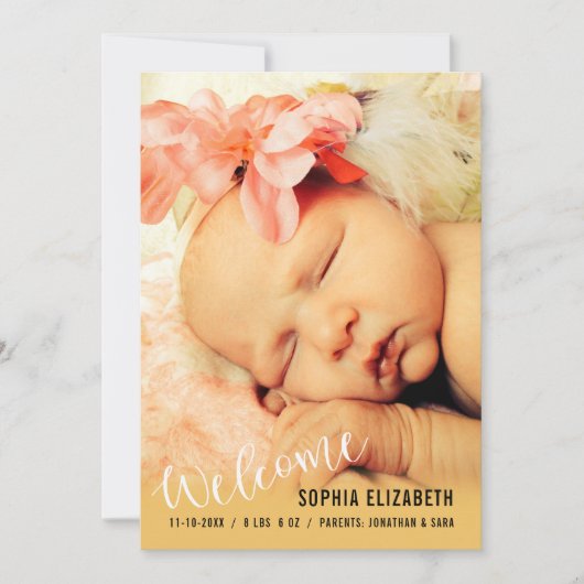 ようこそベビーガール垂直方向の写真のお知らせ 案内状 (正面)