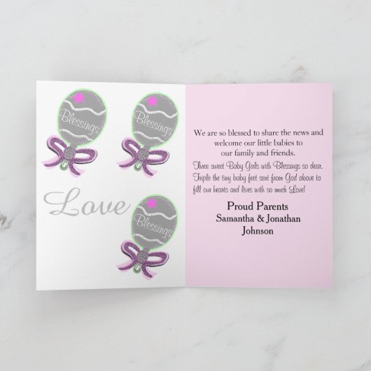 ようこそベビートリプレットガールズ誕生統計フォトカード 案内状 (内部)