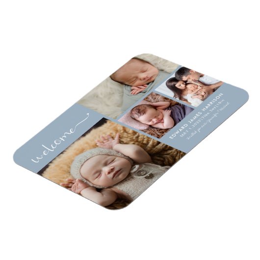 ようこそベビーフォトコラージュブルー誕生のお知らせ マグネット (左側)