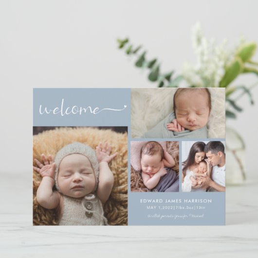 ようこそベビーフォトコラージュブルー誕生のお知らせ 案内状 (スタンド正面)