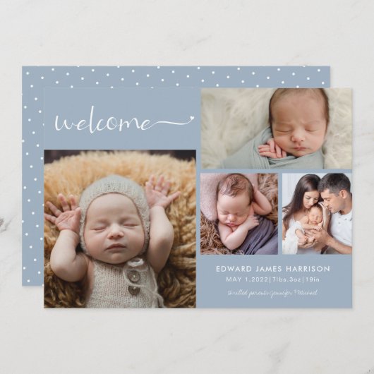 ようこそベビーフォトコラージュブルー誕生のお知らせ 案内状 (正面/裏面)