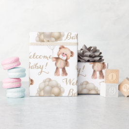 ようこそベビー茶色のテディベアとバルーン ラッピングペーパー