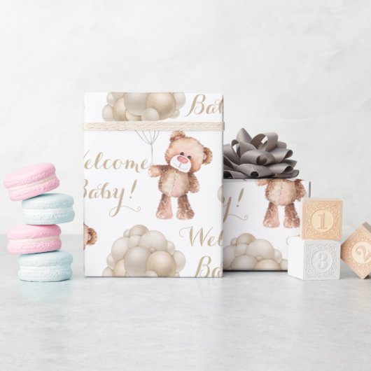 ようこそベビー茶色のテディベアとバルーン ラッピングペーパー (ベビーシャワー)