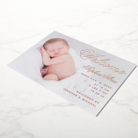 ようこそベビー誕生フォトスエレガントクリプトバラ金ゴールド 箔招待状 (回転した状態)