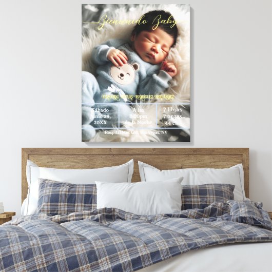 ようこそベビー |写真カスタムの生まれたばかりの統計スペインの キャンバスプリント (インサイチュ (寝室))