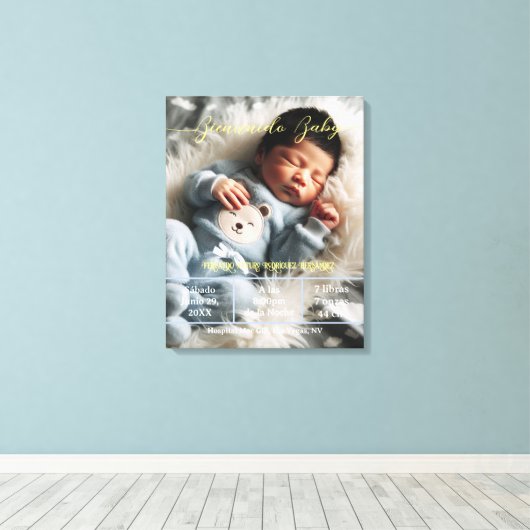 ようこそベビー |写真カスタムの生まれたばかりの統計スペインの キャンバスプリント (インサイチュ (ウッドフロア))