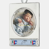 ようこそベビー |写真カスタムの生まれたばかりの統計スペインの シルバープレートバナーオーナメント (左)