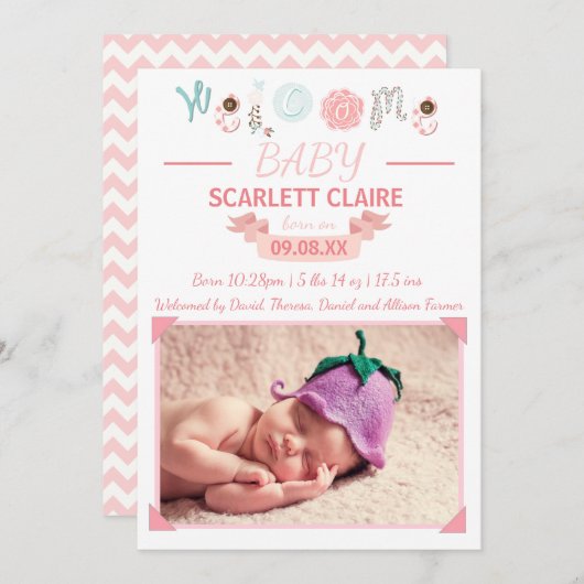 ようこそベビー（写真付き） -誕生のお知らせ 案内状 (正面/裏面)