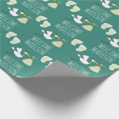 ようこそベビー |緑のコウノトリと足跡 ラッピングペーパー (角)