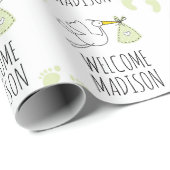 ようこそベビー |緑のコウノトリと足跡 ラッピングペーパー (ロールコーナー)