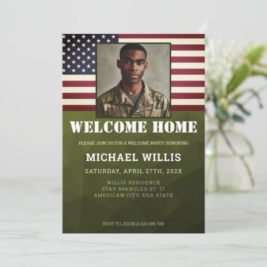 ようこそホームパーティー兵士カスタムの写真軍の緑 招待状 (スタンド正面)
