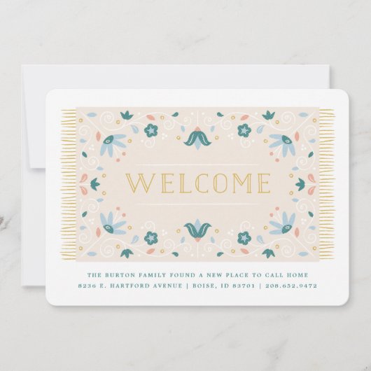 ようこそマット移動のお知らせ – ティール(緑がかった色) 案内状 (正面)