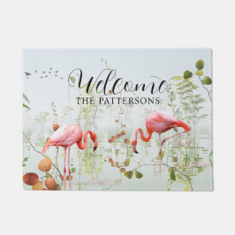 ようこそモダントロピカルフラミンゴファミリー名 ドアマット