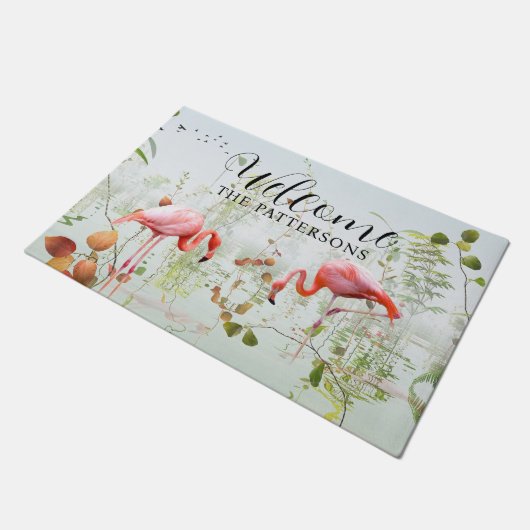 ようこそモダントロピカルフラミンゴファミリー名 ドアマット (アングル)