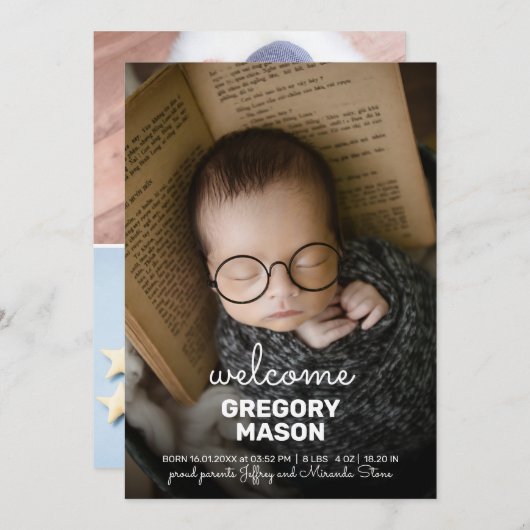 ようこそモダンフォトコラージュ生まれたばかりのユニセックスベビー 案内状 (正面/裏面)