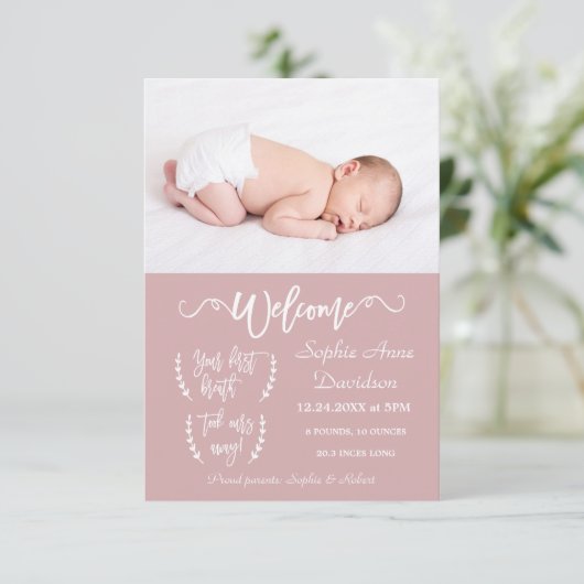 ようこそモダンフォトベビーガール誕生のお知らせ 案内状 (スタンド正面)