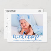 ようこそモダン新生児ボーイ発表ブルー 案内ポストカード (正面/裏面)