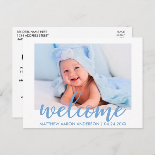 ようこそモダン新生児ボーイ発表ブルー 案内ポストカード (正面/裏面)