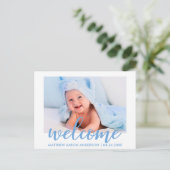 ようこそモダン新生児ボーイ発表ブルー 案内ポストカード (スタンド正面)