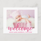ようこそモダン新生児発表ホットピンク 案内ポストカード (正面)