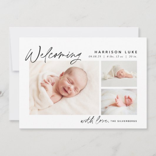 ようこそモダン3枚の写真誕生 案内状 (正面)