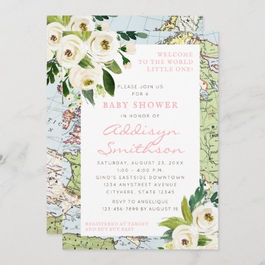 ようこそ世界のフローラマップピンクの赤ちゃんシャワー 招待状 (正面/裏面)