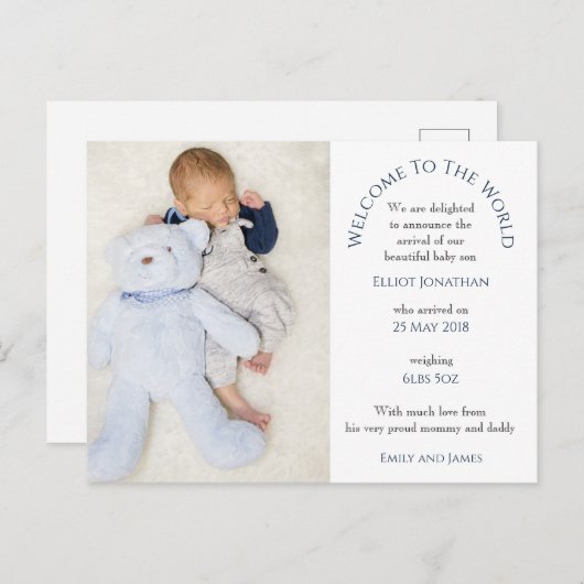 ようこそ世界へ男の赤ちゃんフォト文字ホワイト ポストカード (正面/裏面)