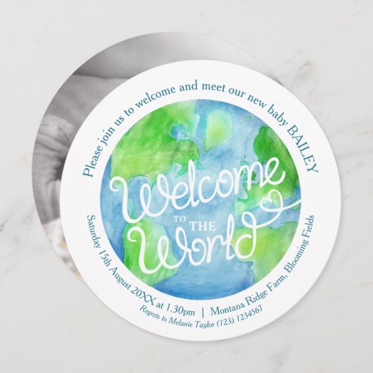 ようこそ世界アートカスタムベビー写真の反転 招待状 (正面/裏面)