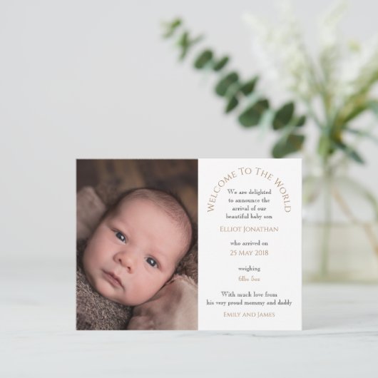 ようこそ世界男の赤ちゃんフォトタイポグラフィ ポストカード (スタンド正面)