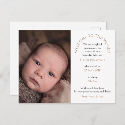 ようこそ世界男の赤ちゃんフォトタイポグラフィ ポストカード (正面/裏面)