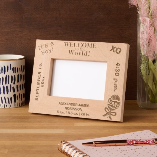 ようこそ世界男の赤ちゃん6 x 4、7 x 5写真 レーザー彫刻フレーム (左)