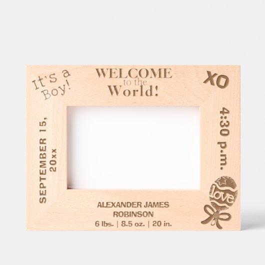 ようこそ世界男の赤ちゃん6 x 4、7 x 5写真 レーザー彫刻フレーム (正面)