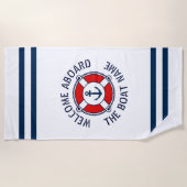 ようこそ乗船カスタム船名航海のいかり ビーチタオル (正面)