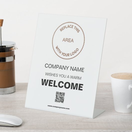 ようこそ会社あなたのロゴQRコードホワイト 台座サイン (インサイチュ)