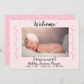 ようこそ写真生まれたばかりのベビーガール 案内状 (正面/裏面)