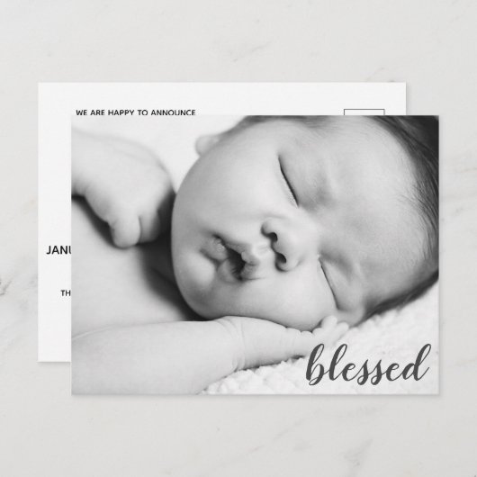 ようこそ写真生まれたばかりのベビー到着テンプレート 案内ポストカード (正面/裏面)