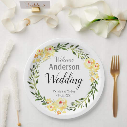 ようこそ名前/日付黄色W/色の花結婚の ペーパープレート (ウェディング)