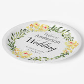 ようこそ名前/日付黄色W/色の花結婚の ペーパープレート (アングル)