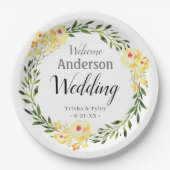 ようこそ名前/日付黄色W/色の花結婚の ペーパープレート (正面)