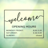 ようこそ営業時間の追加ロゴ黒の透明 ウィンドウサイン (シート3)