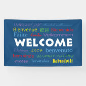 ようこそ多くの言語カラフルタイポグラフィブルー 横断幕 (横)