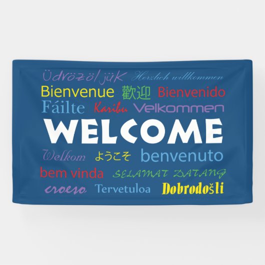 ようこそ多くの言語カラフルタイポグラフィブルー 横断幕 (横)
