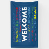 ようこそ多くの言語カラフルタイポグラフィブルー 横断幕 (縦)