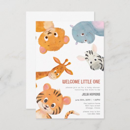 ようこそ小さな1つの赤ちゃん動物の赤ちゃんシャワー 招待状 (正面/裏面)