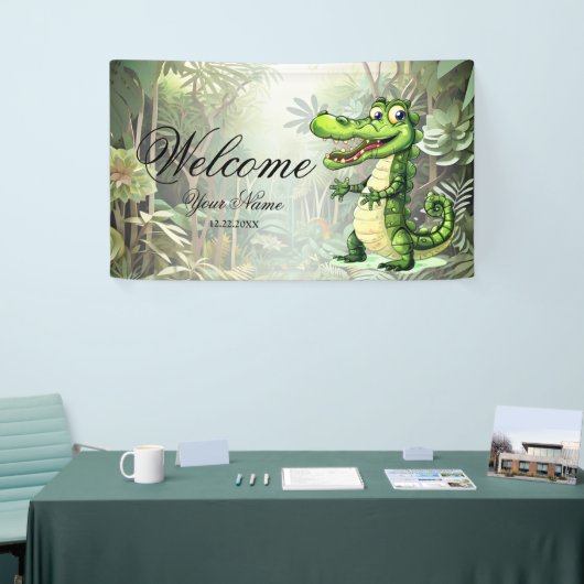 ようこそ幸せなかわいいワイルドワニのジャングルの木 横断幕 (トレードショー)