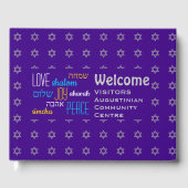 ようこそ愛の喜び平和へブルパーソナライズされた紫 ゲストブック (正面)