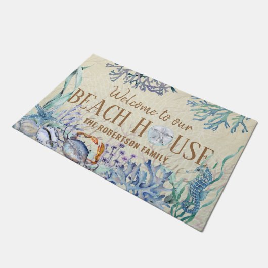 ようこそ我々のビーチハウスファミリー名海岸 ドアマット (アングル)