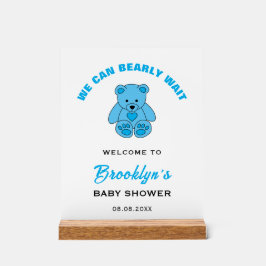 ようこそ我々は真摯に待つことができるテディベア赤ちゃんシャワー アクリルサイン