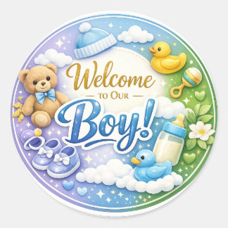 ようこそ我が家の男の子へ - ベビーシャワーステッカー ラウンドシール