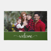 ようこそ文字と家族の写真、緑 ドアマット (正面)